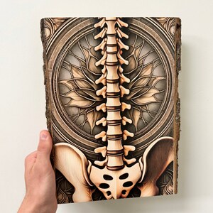 Puede incluir: Una pieza de arte de pared de madera con una ilustraci&oacute;n detallada de una columna vertebral humana con un dise&ntilde;o floral en el fondo. La columna vertebral est&aacute; representada en un color marr&oacute;n claro, mientras que el dise&ntilde;o floral est&aacute; en tonos marrones y beige.