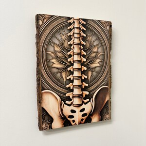 Puede incluir: Una pieza de arte de pared de madera con una ilustraci&oacute;n detallada de una columna vertebral y una pelvis humanas, rodeada de un patr&oacute;n floral decorativo. La obra de arte est&aacute; pintada en tonos marrones y beige, creando una est&eacute;tica vintage.