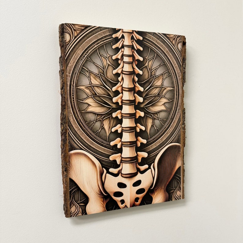 Puede incluir: Una pieza de arte de pared de madera con una ilustraci&oacute;n detallada de una columna vertebral y una pelvis humanas, rodeada de un patr&oacute;n floral decorativo. La obra de arte est&aacute; pintada en tonos marrones y beige, creando una est&eacute;tica vintage.