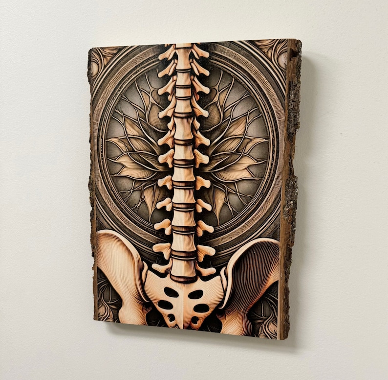 Puede incluir: Una pieza de arte de pared de madera con una ilustraci&oacute;n detallada de una columna vertebral y una pelvis humanas, rodeada de un patr&oacute;n floral decorativo. La obra de arte est&aacute; pintada en tonos marrones y beige.
