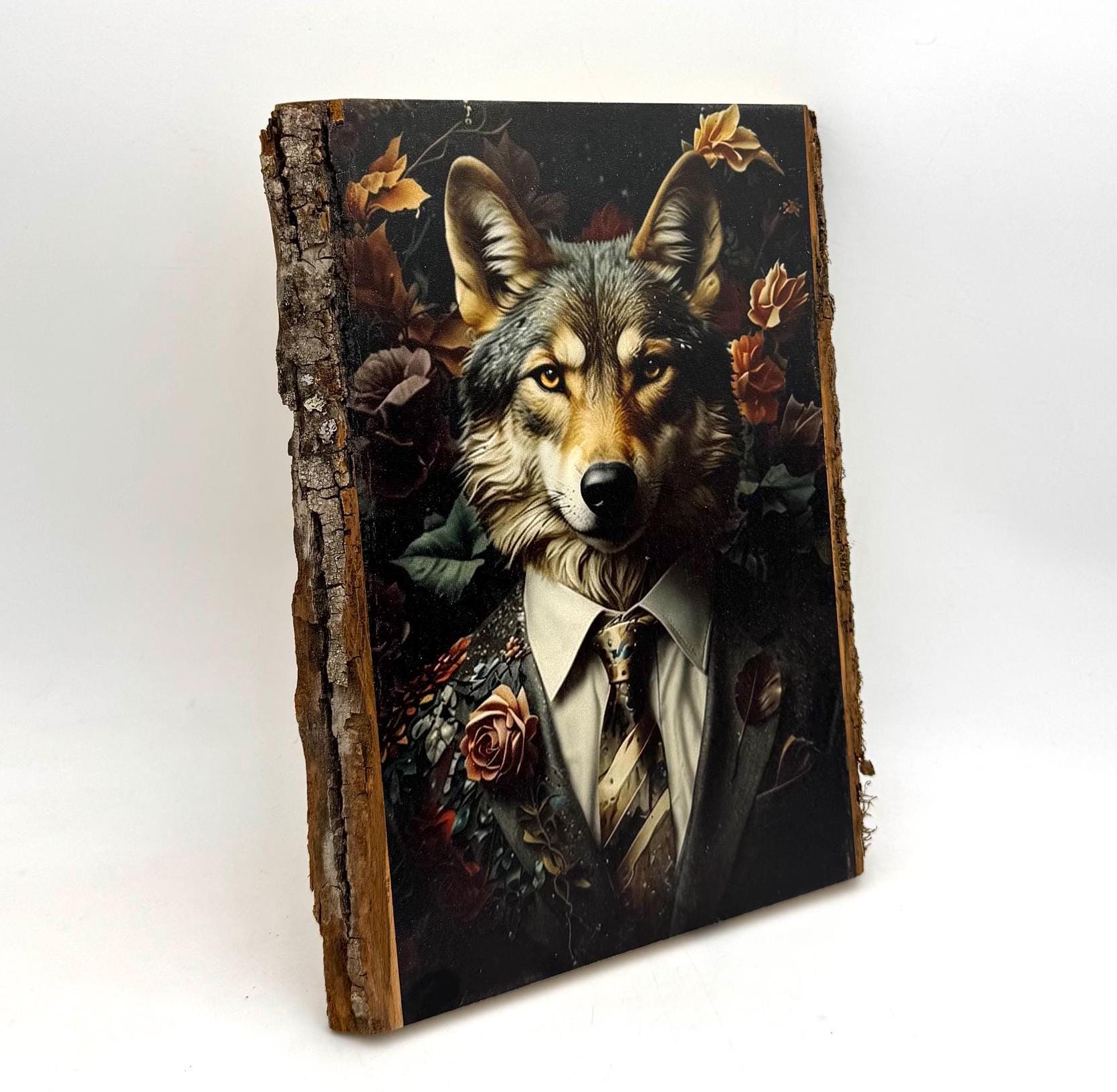 Mr Wolf Victorian Wall Art - Vintage Style Animal Wall Art - Wooden Décor Plaque Sign - Handmade Photo Transfer, Wolf Wall Art Photo on Wood