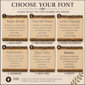 May include: A font selection chart featuring six rectangular wood slices with bark edges. Each slice displays a unique typeface, the text 'And let us consider how we may spur one another on toward love and good deeds.', and the numbers 1234567890.