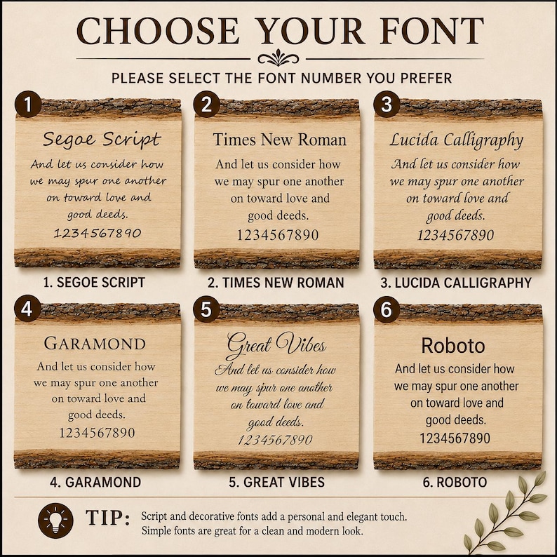 May include: A font selection chart featuring six rectangular wood slices with bark edges. Each slice displays a unique typeface, the text 'And let us consider how we may spur one another on toward love and good deeds.', and the numbers 1234567890.