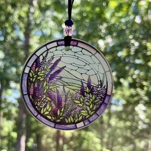 Adorno de vidrio con forma de flor de lavanda, atrapasol con forma de flor, regalo de lavanda, intercambio de adornos, decoración de ventanas, vitrales falsos