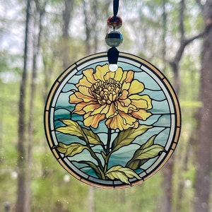 October Birth Month Flower, Glass Ornament, October Birthday Gift, Flower Sun Catcher, Marigold Flower, Ornament Exchange
