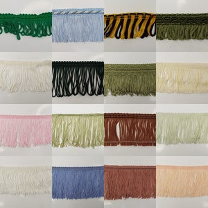 May include: Assortment of 12 different colours of fringe trim. The fringe is made of a soft, woven fabric and is approximately 2.5 cm wide. The colours include green, blue, yellow, beige, white, pink, brown, and light green.
