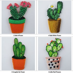 May include: Four embroidered cactus patches in different styles. The first patch shows a cactus with two stalks and four pink flowers. The second patch shows a cactus with four stalks and one white flower. The third patch shows a cactus with six stalks and no flowers. The fourth patch shows a cactus with six stalks and six red flowers.