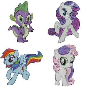 May include: Four embroidered iron-on patches featuring characters from the My Little Pony franchise. The patches include Spike the Dragon, Rarity, Rainbow Dash, and Fluttershy.