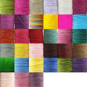 May include: A collection of 36 spools of colourful elastic cord. The cords are arranged in a grid pattern and are all the same size. The colours include green, purple, pink, red, yellow, blue, brown, and white.