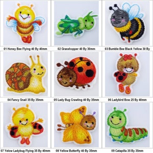 May include: A selection of embroidered insect patches, featuring a honey bee, grasshopper, bumble bee, snail, ladybug, ladybird, butterfly, and caterpillar. The patches vary in size, with the largest being 4cm by 4cm.