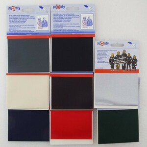 May include: A set of ten self-adhesive nylon repair patches in various colours, including black, dark blue, light blue, red, green, white, and beige. The patches are packaged in individual plastic bags with product information printed on the front.