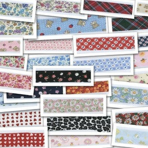 May include: A collection of 20 different fabric trims featuring a variety of patterns, including floral, plaid, polka dot, and animal print. The trims are all approximately 1 inch wide and are ideal for adding a touch of detail to sewing projects.