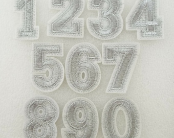 PICK 2 NUMBERS Iron Or Sew On Motifs 45mm Silver White 1 2 3 4 5 6 7 8 9 0 479