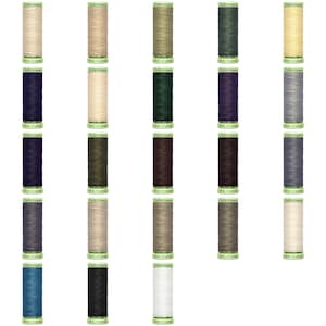 May include: A collection of 24 spools of Gutermann thread in various colours, including beige, green, blue, black, and grey. Each spool is 100 metres long.