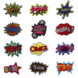 May include: Twelve colourful iron-on patches with various words and phrases, including "POW!" "BANG!" "WOW!" "OMG!" "BOSS!" and "BOOM!"