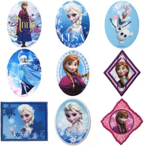 May include: Nine iron-on patches featuring characters from the Disney film Frozen. The patches are oval and square shaped and feature Elsa and Anna. One patch features Olaf the snowman. The patches are on a white background.