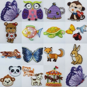 May include: A set of 16 colourful iron-on patches featuring various animal and object designs, including a butterfly, owl, teapot, monkey, bear, fish, turtle, ladybug, fox, rabbit, panda, cat, dog, carousel, and more.