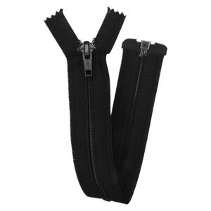 May include: A black zipper with a metal slider. The zipper is open and the slider is in the middle of the zipper.