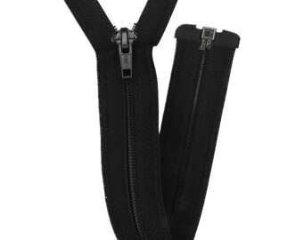 May include: A black zipper with a metal slider. The zipper is open and the slider is in the middle of the zipper.