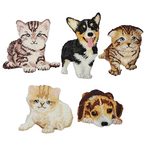May include: Five embroidered iron-on patches featuring adorable kittens and puppies. The patches are perfect for adding a touch of whimsy to clothing, bags, or other fabric items.