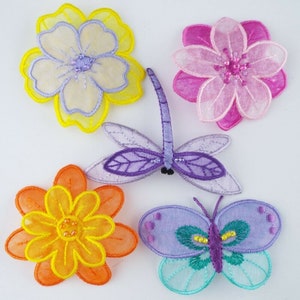 5 DESIGN Iron Or Sew On Bead Organza Flower Insect Girl Motif Patch Mayfly 075