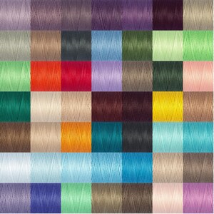 May include: A collection of 36 spools of thread in various colours, including green, blue, red, orange, yellow, brown, beige, and purple. The spools are arranged in a grid pattern.