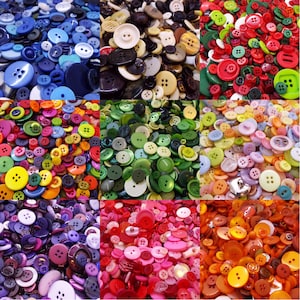 May include: Assortment of colourful buttons in various shapes and sizes. The buttons are arranged in a grid pattern, with each square featuring a different colour scheme. The colours include red, green, blue, purple, orange, yellow, and white.
