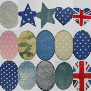 May include: A selection of fabric patches in different shapes, colours, and patterns.  These include a grey oval, a blue star, a green star, a red, white and blue heart, a red, white and blue Union Jack, a pink oval with white hearts, a camouflage oval, a blue denim oval, a beige oval with white stars, a blue oval with white stars, a blue oval with white polka dots, a blue denim oval with a rip, a grey denim oval, a green oval, and a red, white and blue Union Jack with a distressed look.