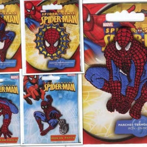 May include: Five iron-on patches featuring Spider-Man in different poses. The patches are on a white background with the words "Spider-Sense Spider-Man" and "Marvel" printed on them. The patches are labelled "Iron-On Patches".