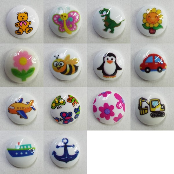 14 DESIGN 15mm Printed Children Baby Kid Animal Vehicle BUY 2 4 8 Buttons   958