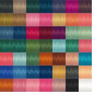 May include: A collection of 36 spools of thread in various colours, including shades of blue, green, red, pink, orange, brown, and beige. The spools are arranged in a grid pattern.