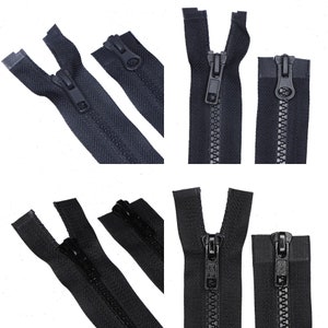 May include: Four black zipper closures with black plastic sliders. The zippers are open and the sliders are in the middle of the zipper tape.
