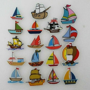May include: Set of 16 embroidered iron-on patches featuring various styles of sailboats and ships. The patches are colourful and detailed, with different colours and designs.