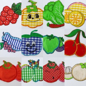 May include: A set of 10 colourful felt fruit and vegetable patches. The patches are in the shape of a lemon, a pumpkin, a tomato, a cherry, a green pepper, an aubergine, a bunch of grapes, a lettuce, and two apples. The patches are all decorated with gingham patterns and embroidered details.