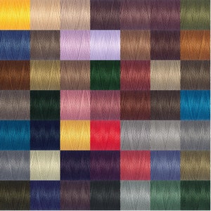 May include: A collection of 40 spools of thread in various colours, including yellow, brown, purple, green, red, blue, and grey. The spools are arranged in a grid pattern.