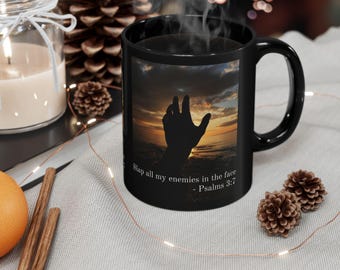 Sunset Prayer Hands Mug with King David's Flair | Psalms 3:7 Scripture Black Coffee Mug