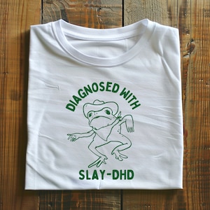 Diagnosticado con slay dhd Camiseta de algodón pesado unisex, ropa de viaje divertida de boneyisland imagen 1