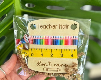 Teacher Hair Tie Gift: Pencil Hair Ties on Wood Holder