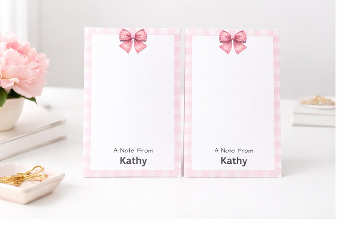 Personalized Pink Gingham Notepad | A Note From Stationery | 5x8 Bow ...