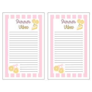 May include: Two notepads with a pink and white striped border. The words "Summer Vibes" are written in cursive at the top, with illustrations of lemons and cake. Lemon slices with pink bows are at the bottom of each notepad.