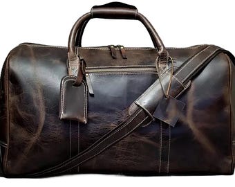 Bolsa de viaje vintage de cuero de grano completo hecha a mano: bolso de fin de semana