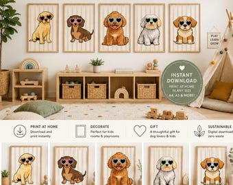 Dog Prints with Sunnies Set | Neutral Kids Bedroom Décor | Playroom Printable Posters | Montessori Nursery Prints | Digital Download