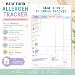 May include: A printable baby food allergen tracker chart featuring columns for first, second, and third tastes of various allergens like egg, peanut, tree nut, wheat, milk, soy, sesame, fish, and shellfish, with sections for notes and instructions.