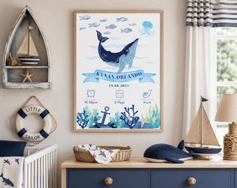 Personalised Whale Birth Announcement Print | Ocean Baby Birth Stats Poster | Nautical Nursery Wall Art | Ocean Themed Baby Birth Print