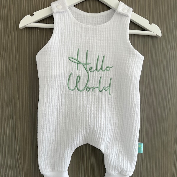 Hello World new baby coming home outfit neutral baby romper handmade embroidered