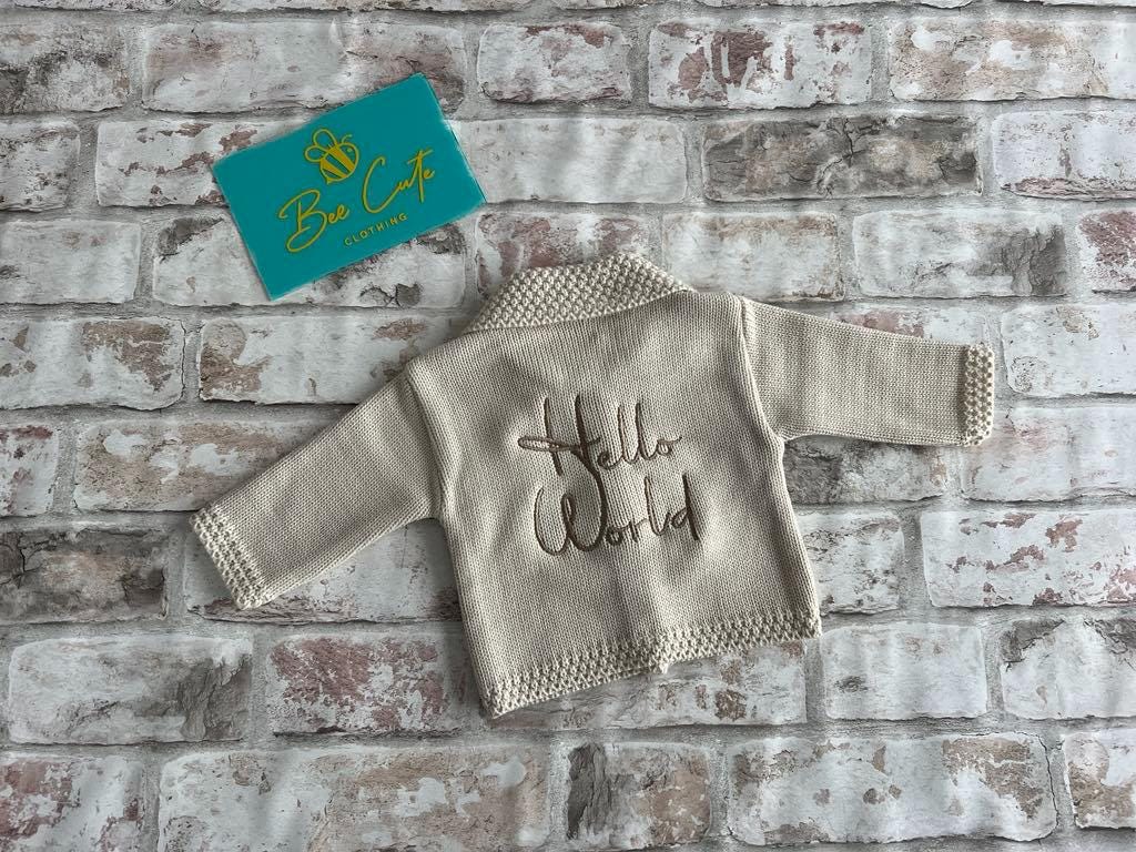 Beige Knitted Baby Cardigan With Hello World Embroidery UK
