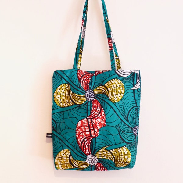 Tote bag wax vert rouge, sac en tissu réutilisable ethnique, cabas tissu africain graphique vert rouge, sac léger pratique été zéro déchet