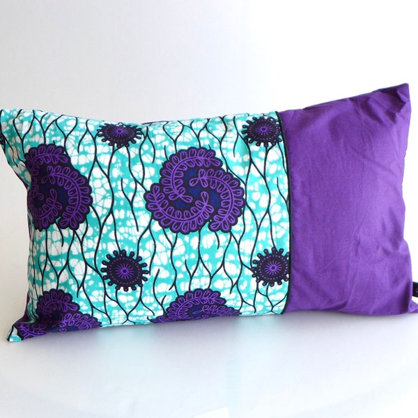 Housse de coussin wax africain turquoise violet, housse coussin rectangle 30x50cm, déco ethnique en wax africain violet bleu turquoise