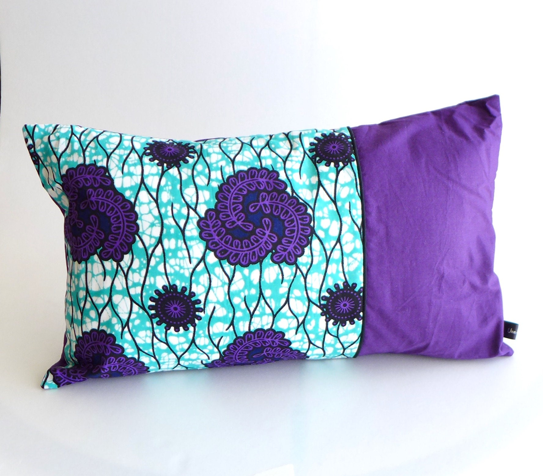 Housse de Coussin Rectangle 30x50cm, Déco Ethnique en Wax Africain Violet Bleu Turquoise, Idée Cadea