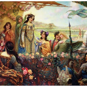 Puede incluir: Pintura detallada que representa una escena medieval con varias figuras. Una mujer está siendo coronada, rodeada de otras mujeres con vestidos coloridos. Un caballero a caballo y tiendas de campaña son visibles en el fondo. La obra presenta un arco floral y una pancarta.